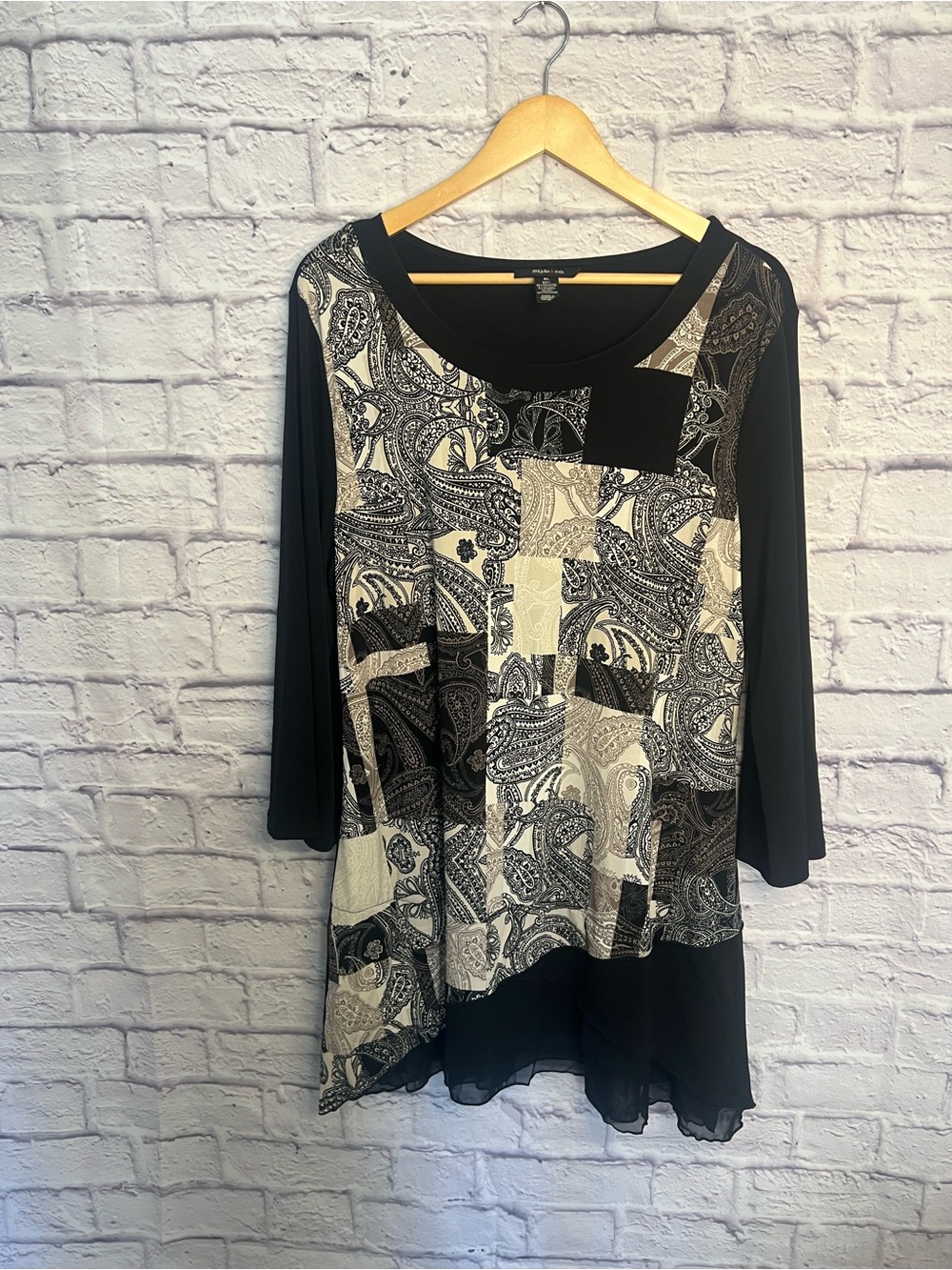 Style & Co. XL Black Paisley Patchwork Layered Hem 3/4 Sleeve Tunic Top